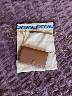 Tory Burch Cognac Leather Chain Crossbody Bag with Gold Hardware